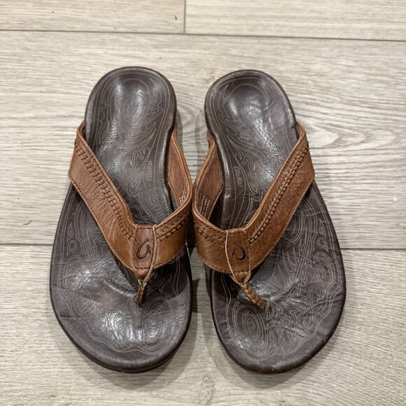 Olukai Mens Sandals 7 Hiapo Brown Leather Flip Flops EU 40 - Picture 4 of 8